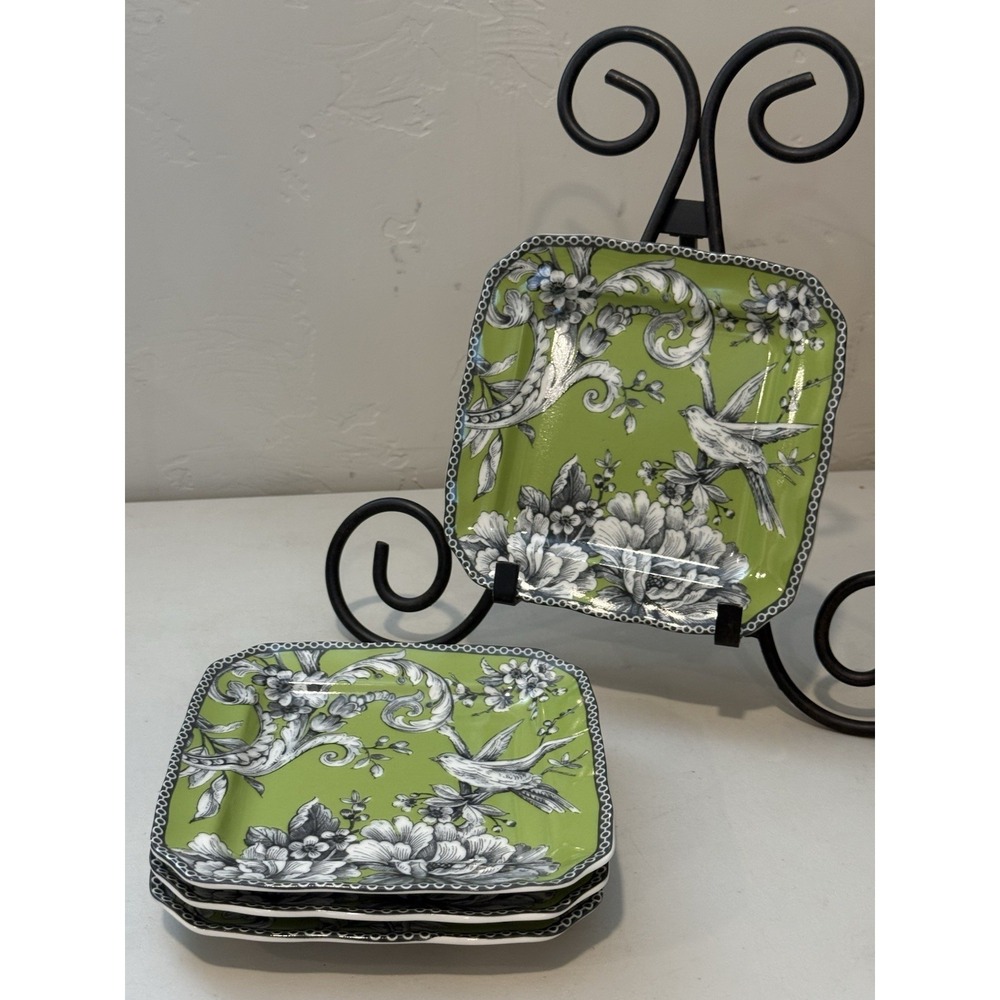 222 Fifth Adelaide Sage Green Salad/Desert Plates set of 4 Bird Floral Design 6"